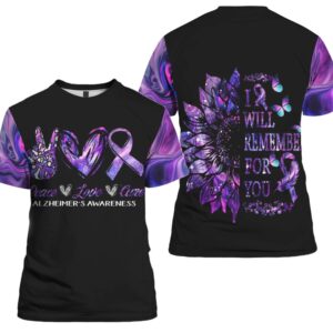 Alzheime Awareness Sunflower Peace Love Cure 3D Shirt