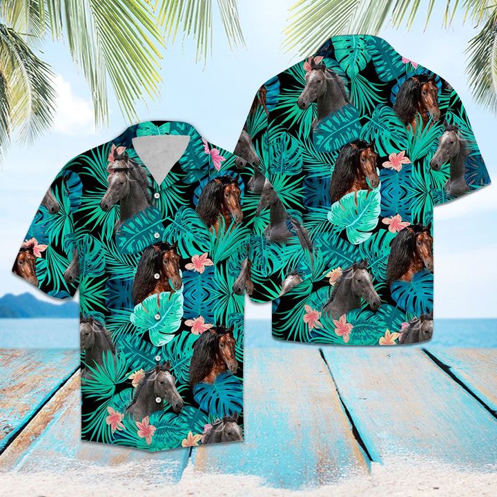 Andalusian Horse Green Tropical Hawaiian Shirt Summer Button Up Andalusian Horse Green Tropical Hawaiian Shirt Summer Button Up