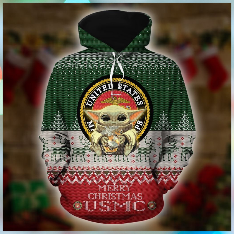 Baby Yoda United States Marine Corps Merry Christmas 3D Hoodie Baby Yoda United States Marine Corps Merry Christmas 3D Hoodie