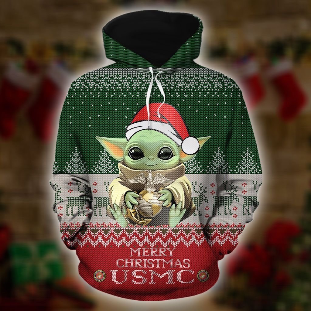 Baby Yoda Us Marine Merry Christmas 3D Hoodie Baby Yoda Us Marine Merry Christmas 3D Hoodie