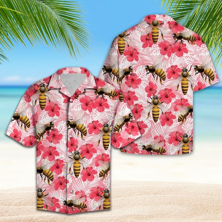 Bee Tropical Flowers Hibiscus Hawaiian Shirt Summer Button Up Bee Tropical Flowers Hibiscus Hawaiian Shirt Summer Button Up