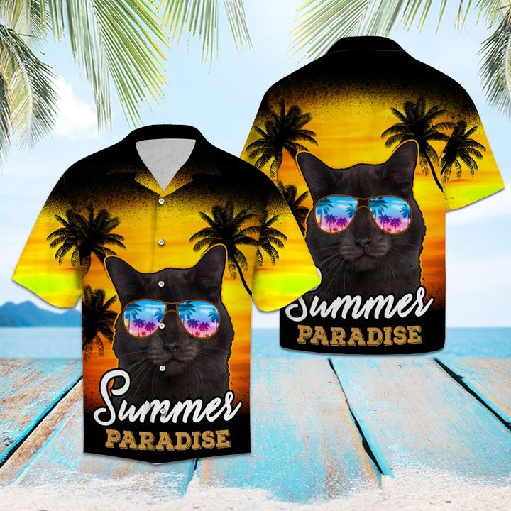 Black Cat Paradise Summer Hawaiian Shirt Summer Button Up Black Cat Paradise Summer Hawaiian Shirt Summer Button Up