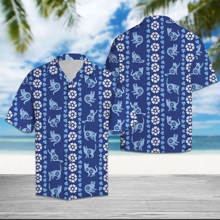 Cat Blue Floral Hawaiian Shirt Summer Button Up Cat Blue Floral Hawaiian Shirt Summer Button Up
