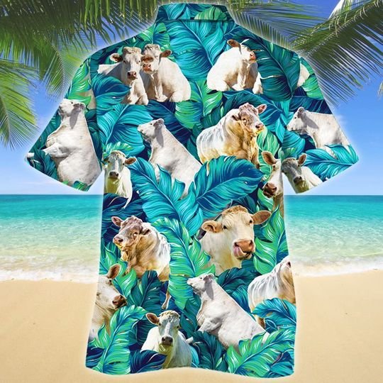 Charolais Cattle Blue Tropical Plant Hawaiian Shirt Charolais Cattle Blue Tropical Plant Hawaiian Shirt