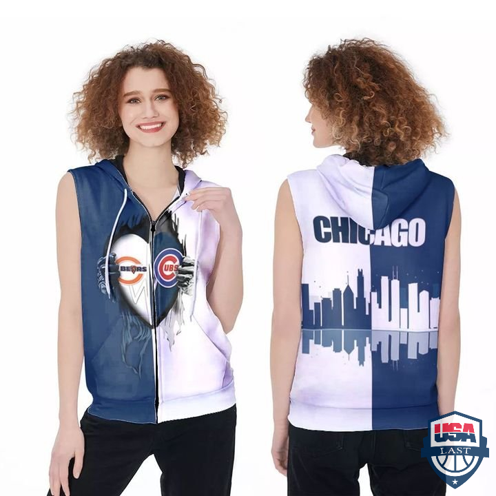 Chicago Bears And Chicago Cubs Heartbeat Love Ripped Sleeveless Zip Hoodie Chicago Bears And Chicago Cubs Heartbeat Love Ripped Sleeveless Zip Hoodie