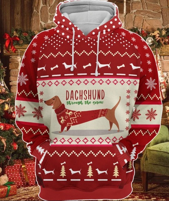 Dachshund Through The Snow Christmas Knitted 3D Hoodie Dachshund Through The Snow Christmas Knitted 3D Hoodie