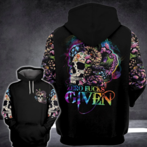 Floral Skull Zero Fucks Given All Over Printed 3D Hoodie
