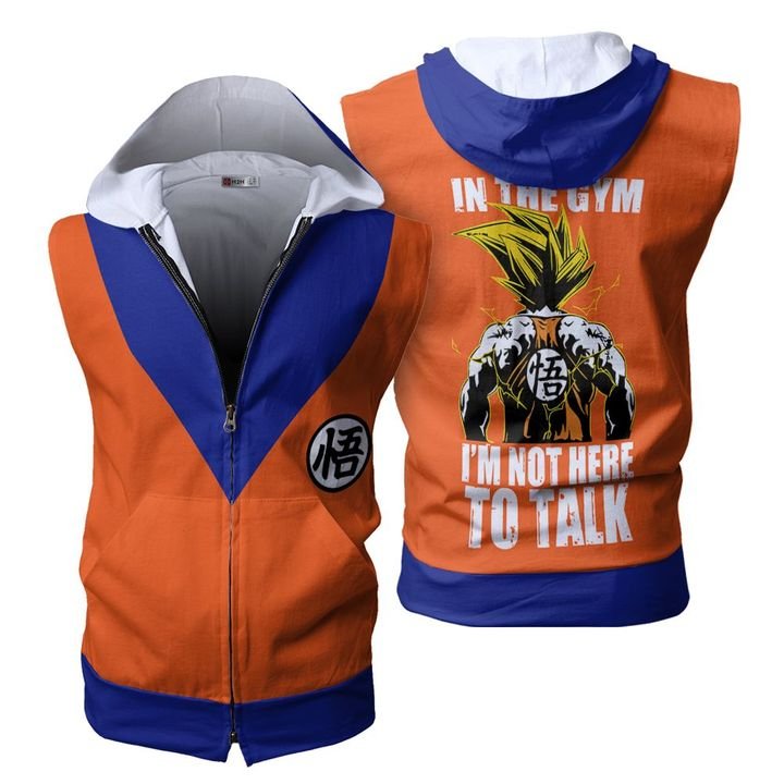 Goku In The Gym I’M Not Here To Talk Zip Up Sleeveless Hoodie Goku In The Gym I’M Not Here To Talk Zip Up Sleeveless Hoodie