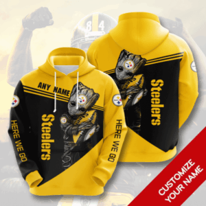 Groot Pittsburgh Steelers Here We Go Custom Name 3D Hoodie