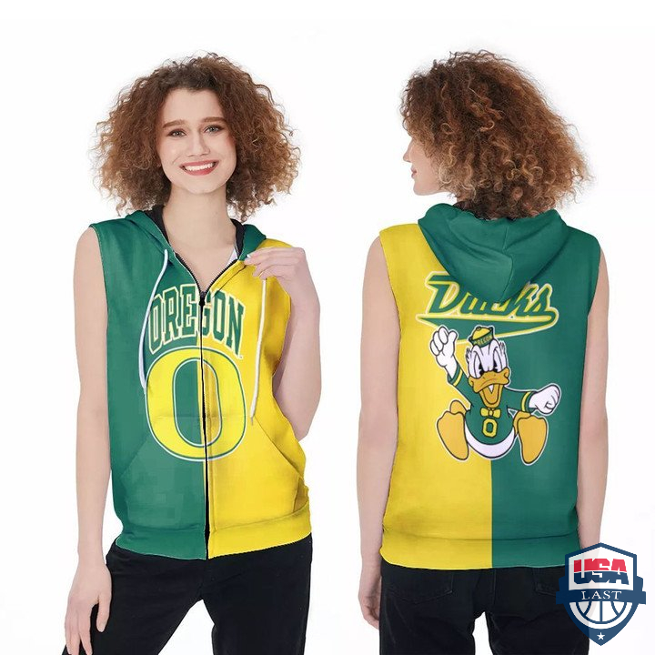 Oregon Ducks Logo Green And Yellow Sleeveless Zip Hoodie Oregon Ducks Logo Green And Yellow Sleeveless Zip Hoodie
