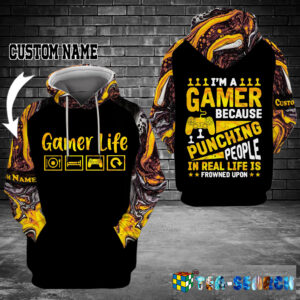 Personalized Custom Name I’M A Gamer Because Punching People 3D Hoodie