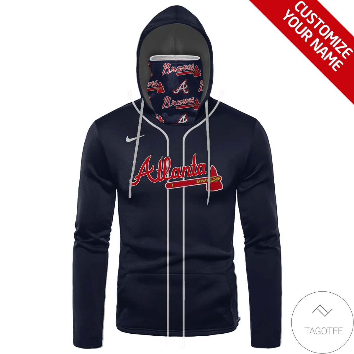 Personalized Name And Number Atlanta Braves Navy Gaiter Mask Hoodie Personalized Name And Number Atlanta Braves Navy Gaiter Mask Hoodie