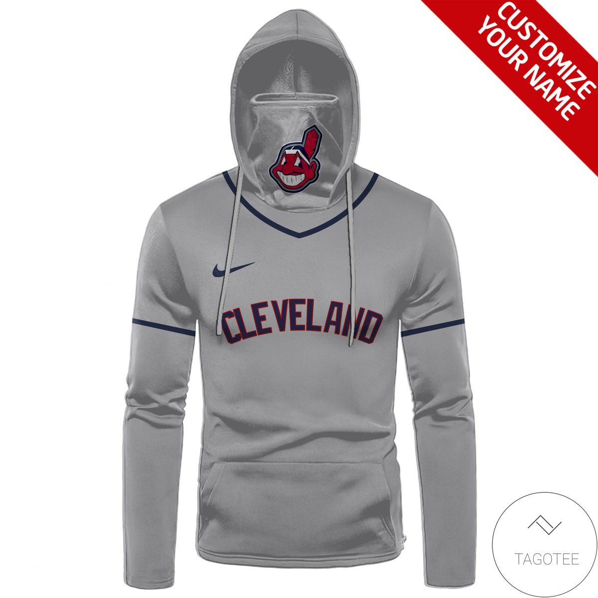 Personalized Name And Number Cleveland Indians Grey Gaiter Mask Hoodie Personalized Name And Number Cleveland Indians Grey Gaiter Mask Hoodie