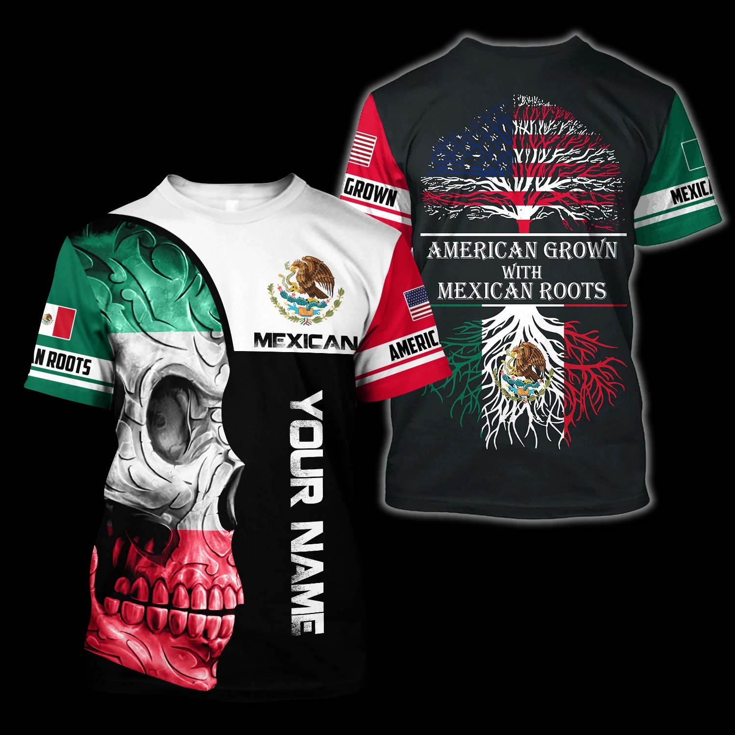 Personalized Skull Coat Of Arms Mexico American Grown With Mexican Roots Custom 3D Shirt Personalized Skull Coat Of Arms Mexico American Grown With Mexican Roots Custom 3D Shirt