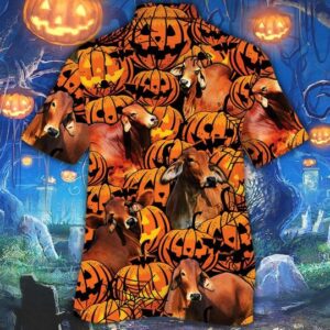 Red Brahman Cattle Halloween Pumpkin Hawaiian Shirt