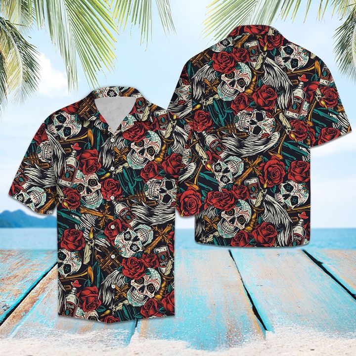 Rose Sugar Skull Hawaiian Shirt Summer Button Up Rose Sugar Skull Hawaiian Shirt Summer Button Up