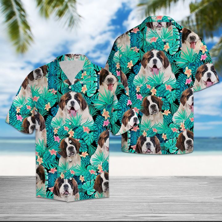 Saint Bernard Tropical Hawaiian Shirt Summer Button Up Saint Bernard Tropical Hawaiian Shirt Summer Button Up