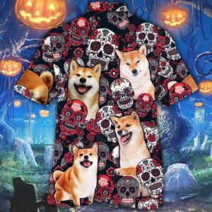 Shiba Inu Dog Sugar Skull Floral Hawaiian Shirt