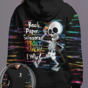 Skeleton Rock Paper Throat Punch I Win 3D Hoodie