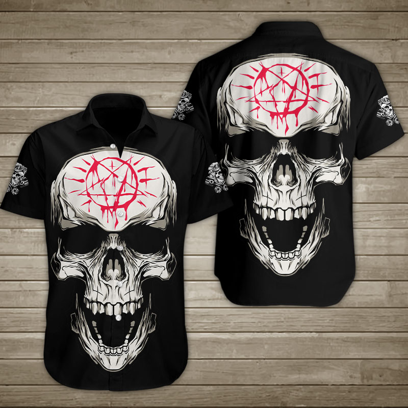 Skull With Baphomet Symbol Hawaiian Shirt Summer Button Up Skull With Baphomet Symbol Hawaiian Shirt Summer Button Up