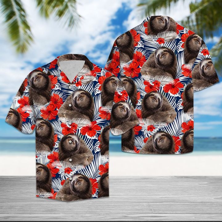 Sloth Hibiscus Flower Hawaiian Shirt Summer Button Up Sloth Hibiscus Flower Hawaiian Shirt Summer Button Up