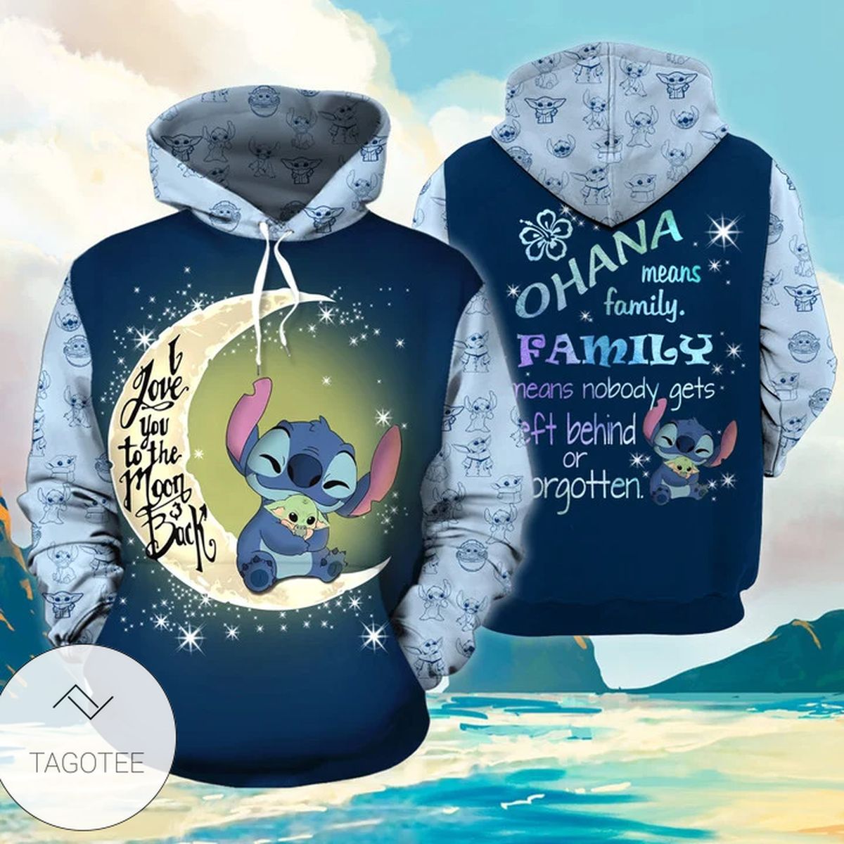Stitch And Baby Yoda Ohana Family Hoodie- Tagotee Stitch And Baby Yoda Ohana Family Hoodie- Tagotee