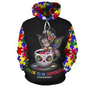 [Top-Selling]  Sugar Skull Fairy It’S Ok To Be Different Autism Awareness 3D Hoodie