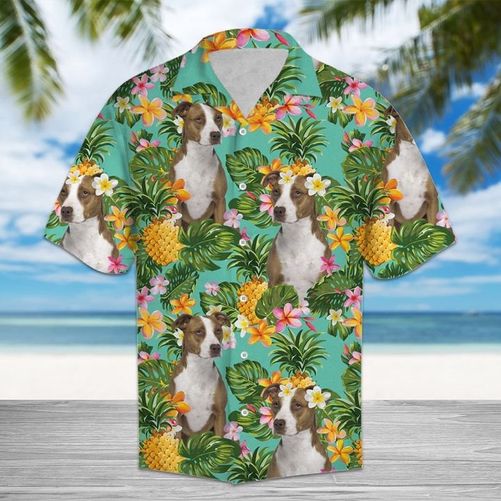 Tropical Pineapple American Pit Bull Terrier Hawaiian Shirt Summer Button Up Tropical Pineapple American Pit Bull Terrier Hawaiian Shirt Summer Button Up