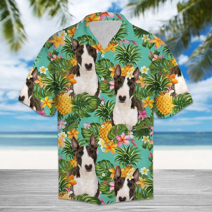 Tropical Pineapple Miniature Bull Terrier Hawaiian Shirt Summer Button Up Tropical Pineapple Miniature Bull Terrier Hawaiian Shirt Summer Button Up